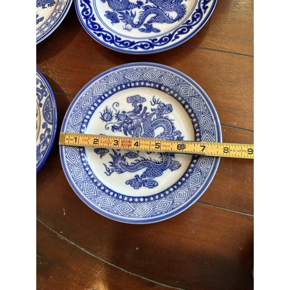 Blue & White China Dragon Motif Plates Bombay Asian Garden Pattern Set Of 4